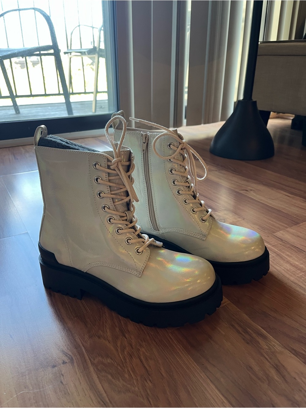Urban Outfitters Iridescent Cream Lace-Up Combat Boots